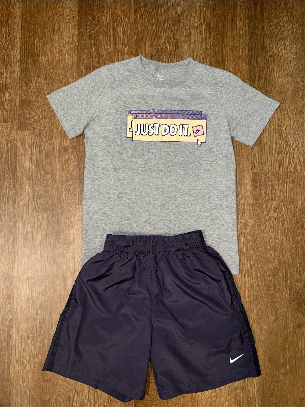 Nike Gray Graphic 'Just Do It.' Tee with Purple Athletic Shorts